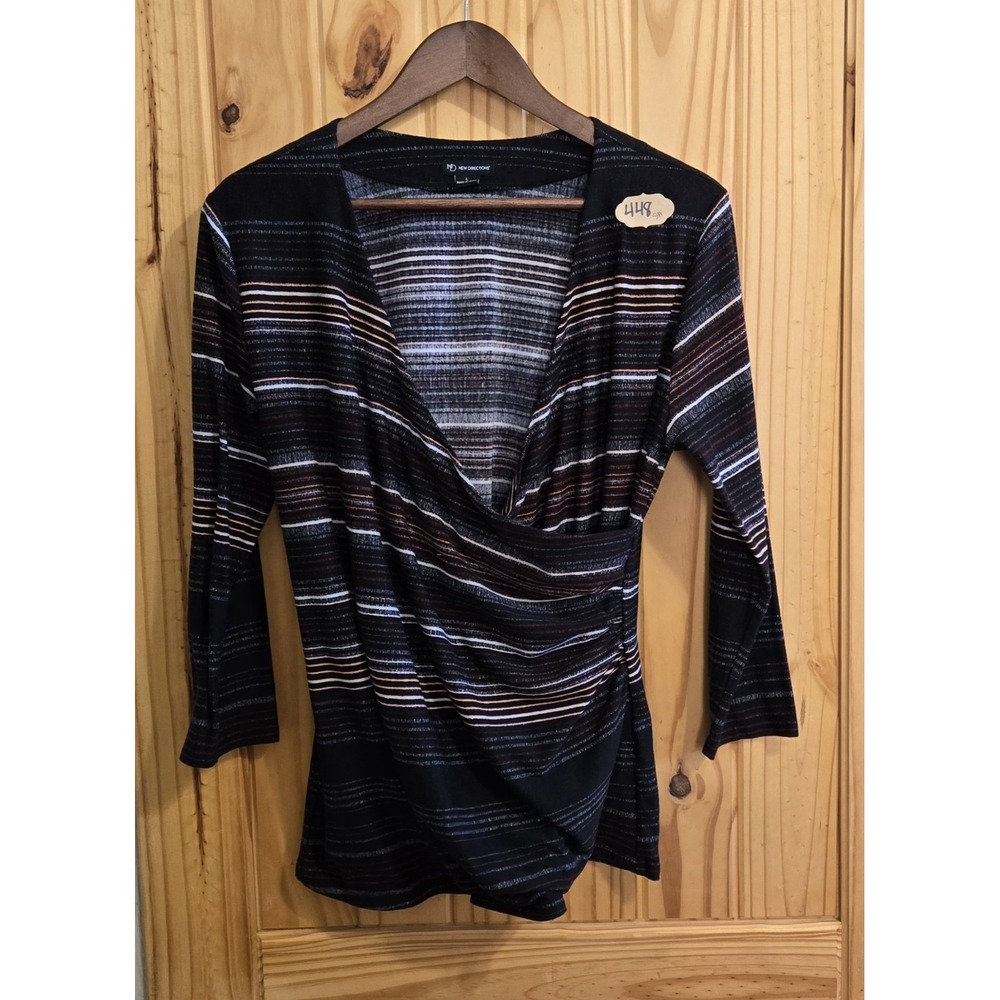 New Directions Women's Blouse SZ LG 3/4 Sleeve V Neck‎ Wrap Style Black Grey
